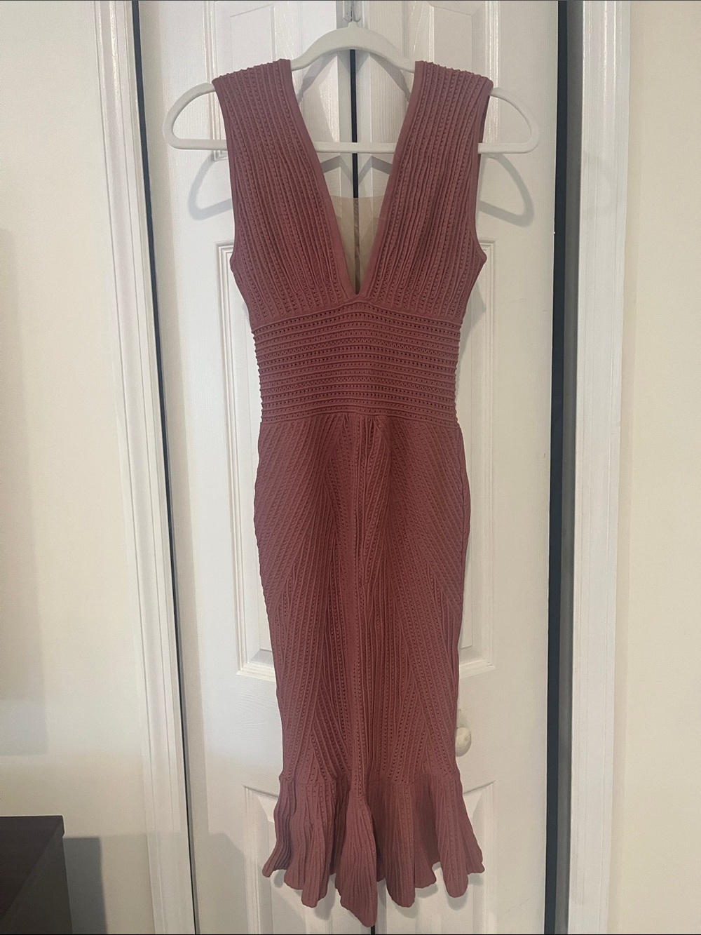 Ronny Kobo Collection Ribbed Knit Deep V Midi Dress in Dusty Rose